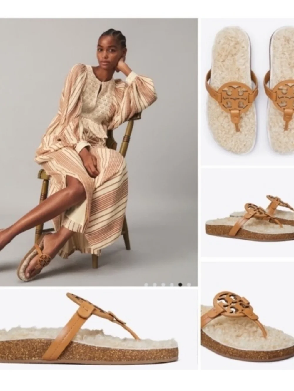 Tory Burch Camel Leather Logo Shearling Slide Sandals